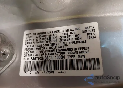 2012 Honda Crosstour Ex-L z USA, uszkodzony, nr VIN 5J6TF2H58CL010084